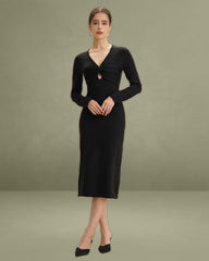 Black V Neck Cut Out Bodycon Sweater Dress