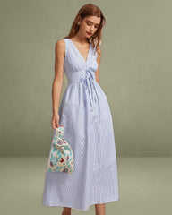 The Blue V Neck Shirred Striped Maxi Dress