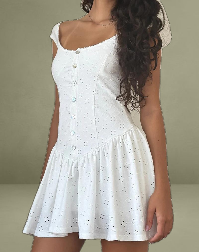 Misty Mini Tea Dress in Broderie White
