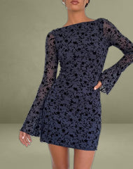 Sevila Long Sleeve Mini Dress in Flocked Petal Navy