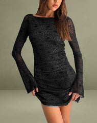Sevila Long Sleeve Mini Dress in Mesh Black Abstract Flower Flock