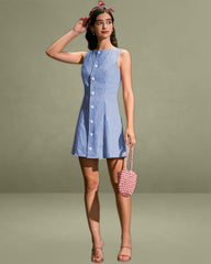 The Blue Boat Neck Cotton Plaid Mini Dress