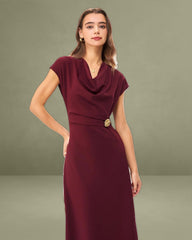 Wine Red Satin Boat Neck Maxi Dress