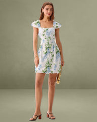 White Floral Square Neck Mini Dress