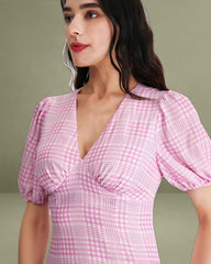 Pink Plaid V-Neck Midi Dress