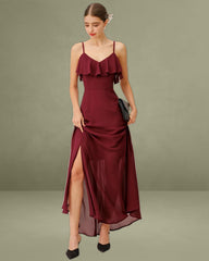 Wine Red Chiffon Ruffle Slip Maxi Dress