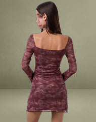 Modena Long Sleeve Mini Dress in Tonal Paisley Plum