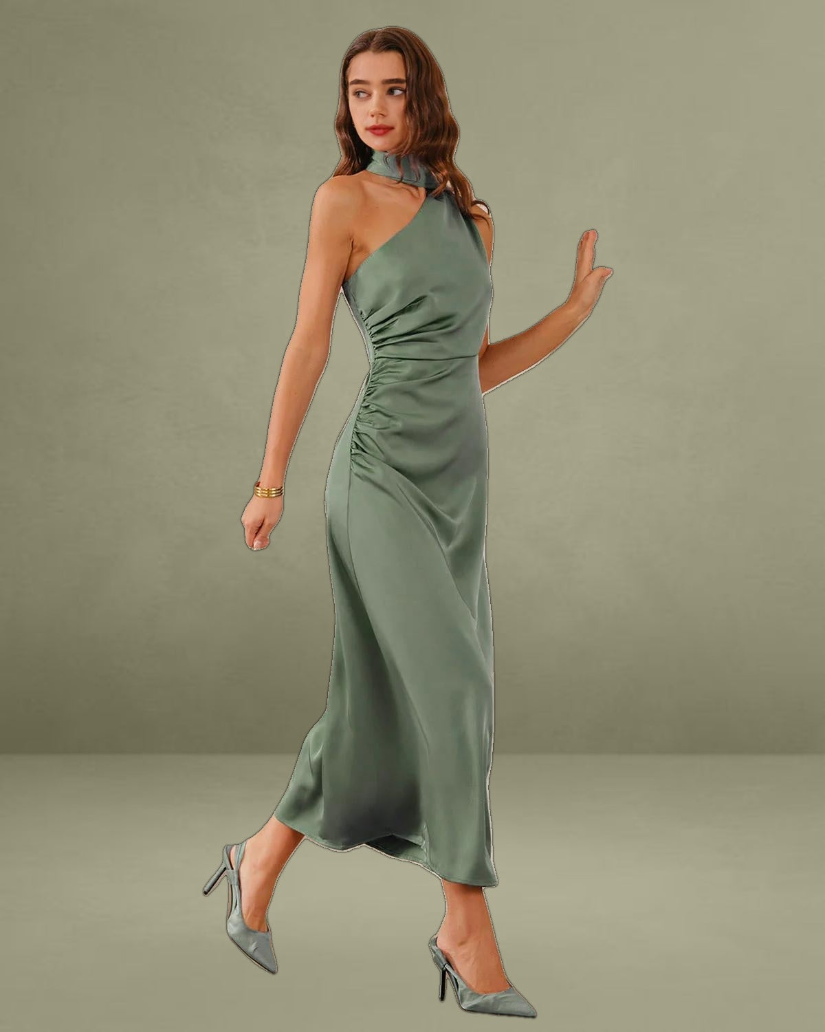 Green Satin One Shoulder Maxi Dress