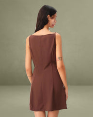 Brown Button Pleated Slip Mini Dress