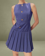 Blue Boat Neck Button Sleeveless Mini Dress