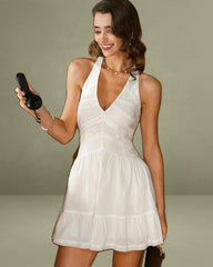 White V Neck Pleated Backless Mini Dress