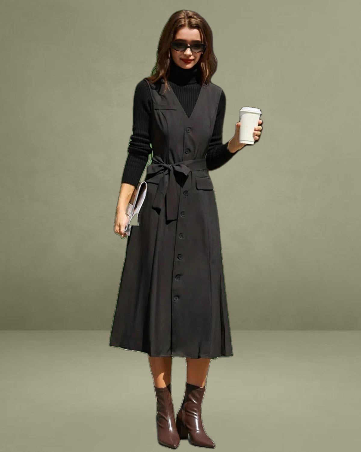 Black V Neck Belted Sleeveless Midi Dress