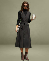 Black V Neck Belted Sleeveless Midi Dress