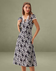 Black Floral Lace Trim Midi Dress