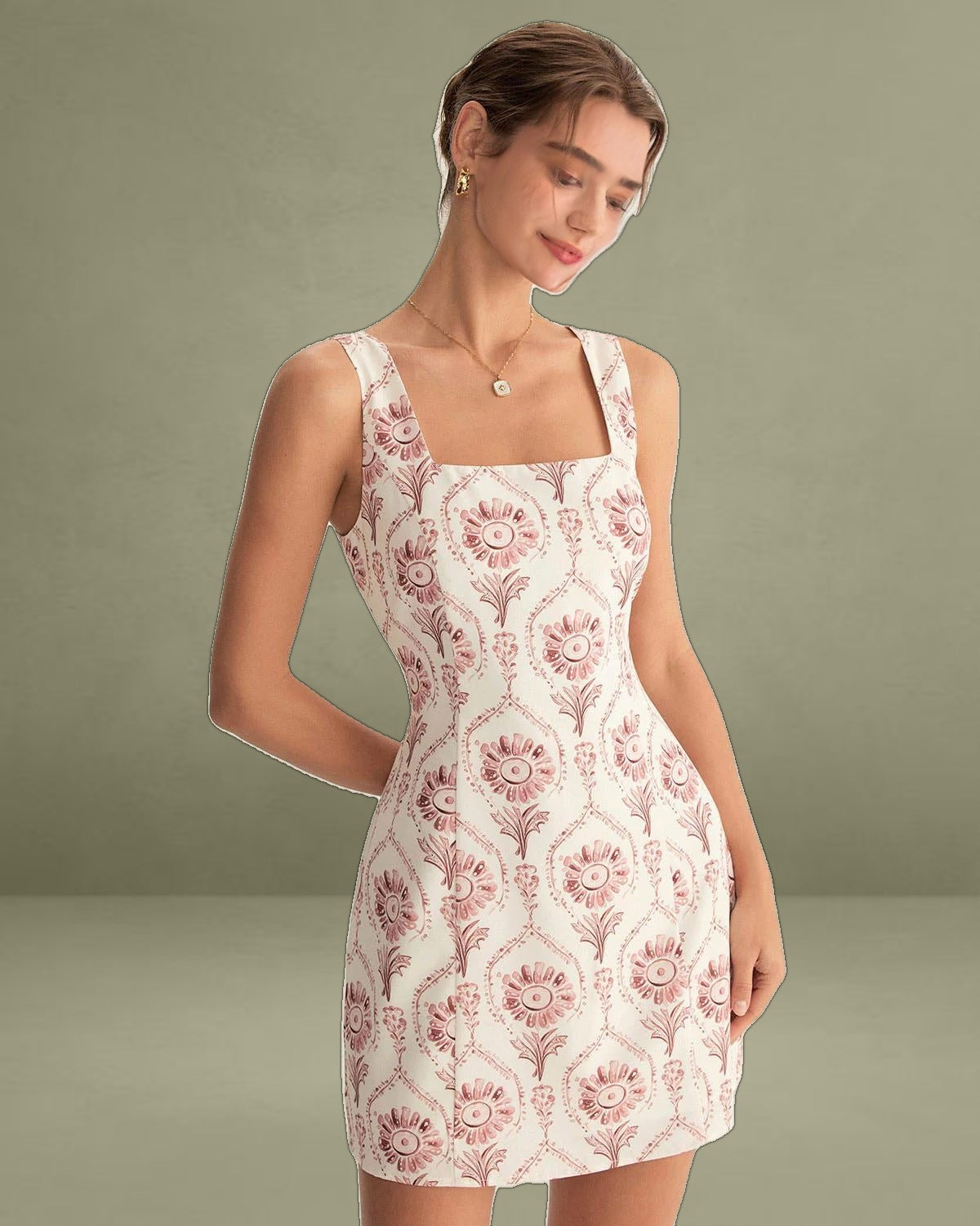 Pink Square Neck Floral Slip Mini Dress