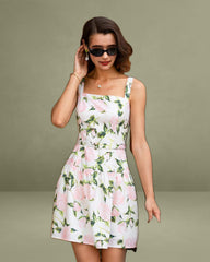 Pink Floral Ruched Belted Slip Mini Dress