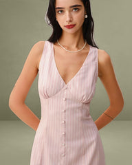 Pink Striped V Neck Sleeveless Midi Dress