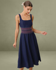 Blue Square Neck Shirred A-Line Slip Midi Dress