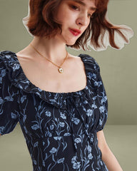 Navy Floral U-Neck Puffed-Sleeve Maxi Dress