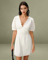 White V-Neck Ruched Mini Dress