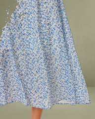 Blue Floral V Neck Shirred Slip Midi Dress