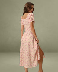 Pink Floral Square Neck Puffed Sleeve Midi Dress