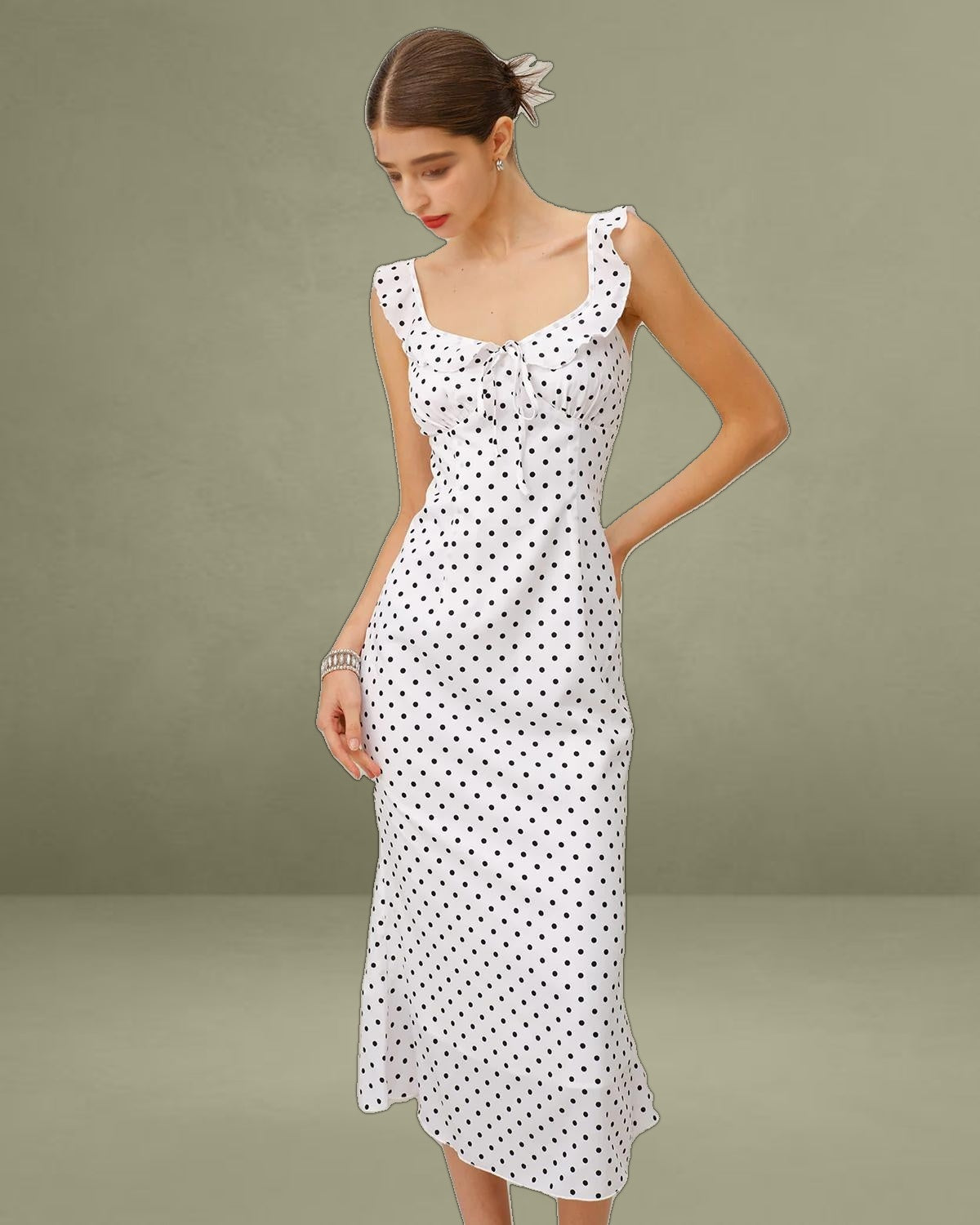 White Polka Dot Ruffle Midi Dress