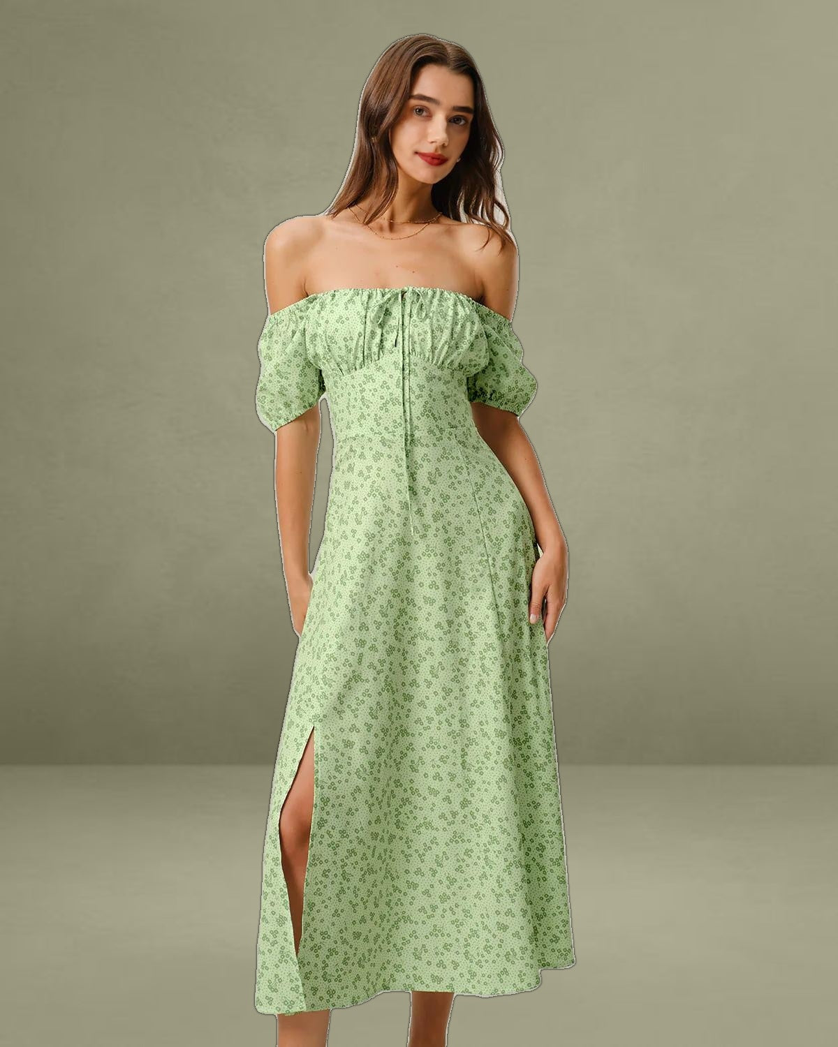Green Floral Square Neck Puffed Sleeve Midi Dress