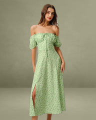 Green Floral Square Neck Puffed Sleeve Midi Dress