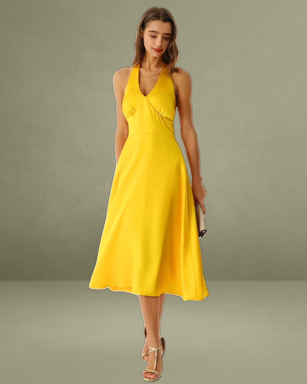 Yellow Satin A-Line Halter Midi Dress
