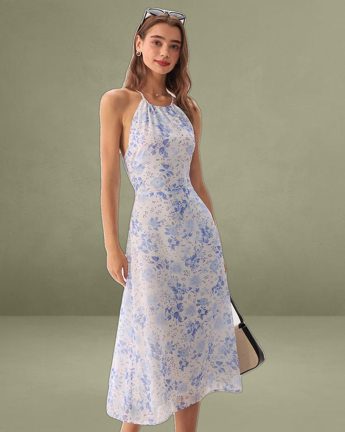 Blue Floral Halter Midi Dress
