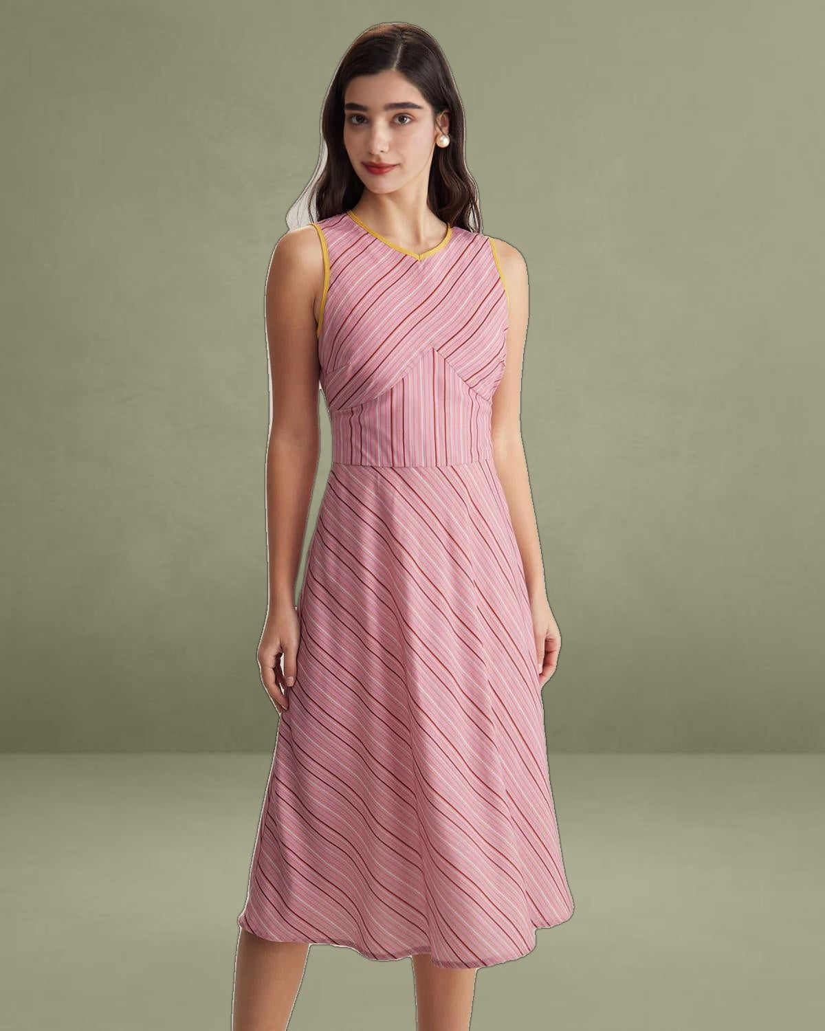 Pink Striped V Neck Sleeveless Midi Dresses