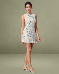 Green Floral Plant Sleeveless Mini Dress