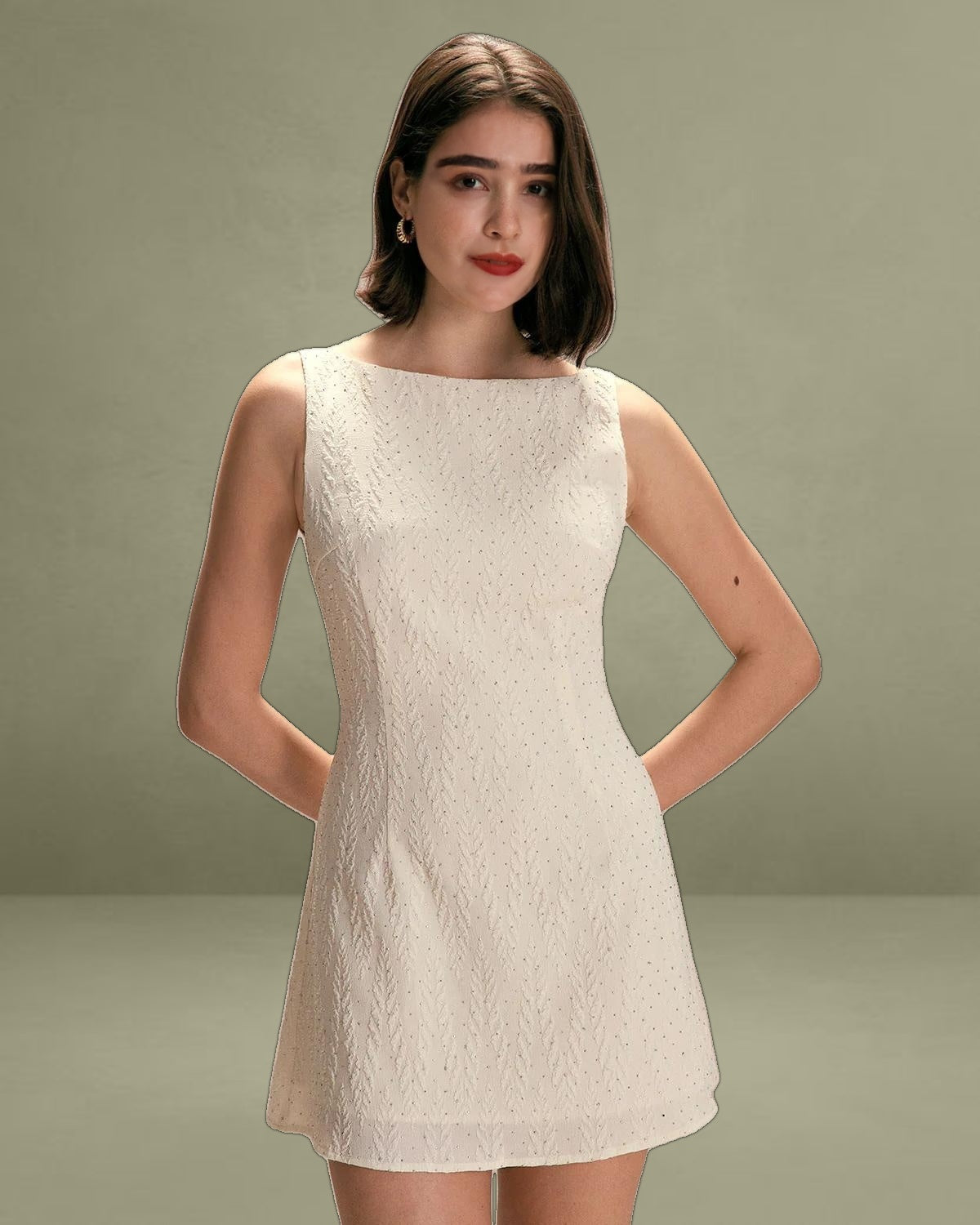 The Beige Boat Neck Textured Mini Dress