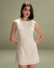 The Beige Boat Neck Textured Mini Dress