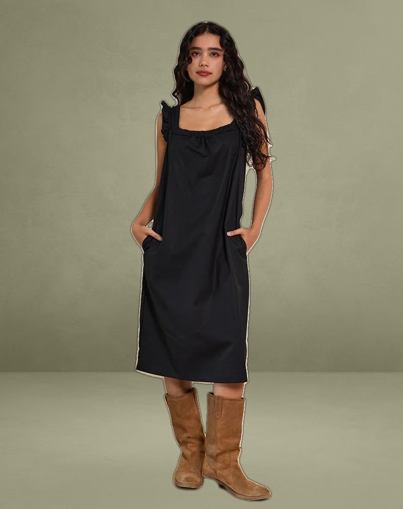 Merrily Smock Midi Dress in Poplin Black