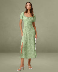 Green Floral Square Neck Puffed Sleeve Midi Dress