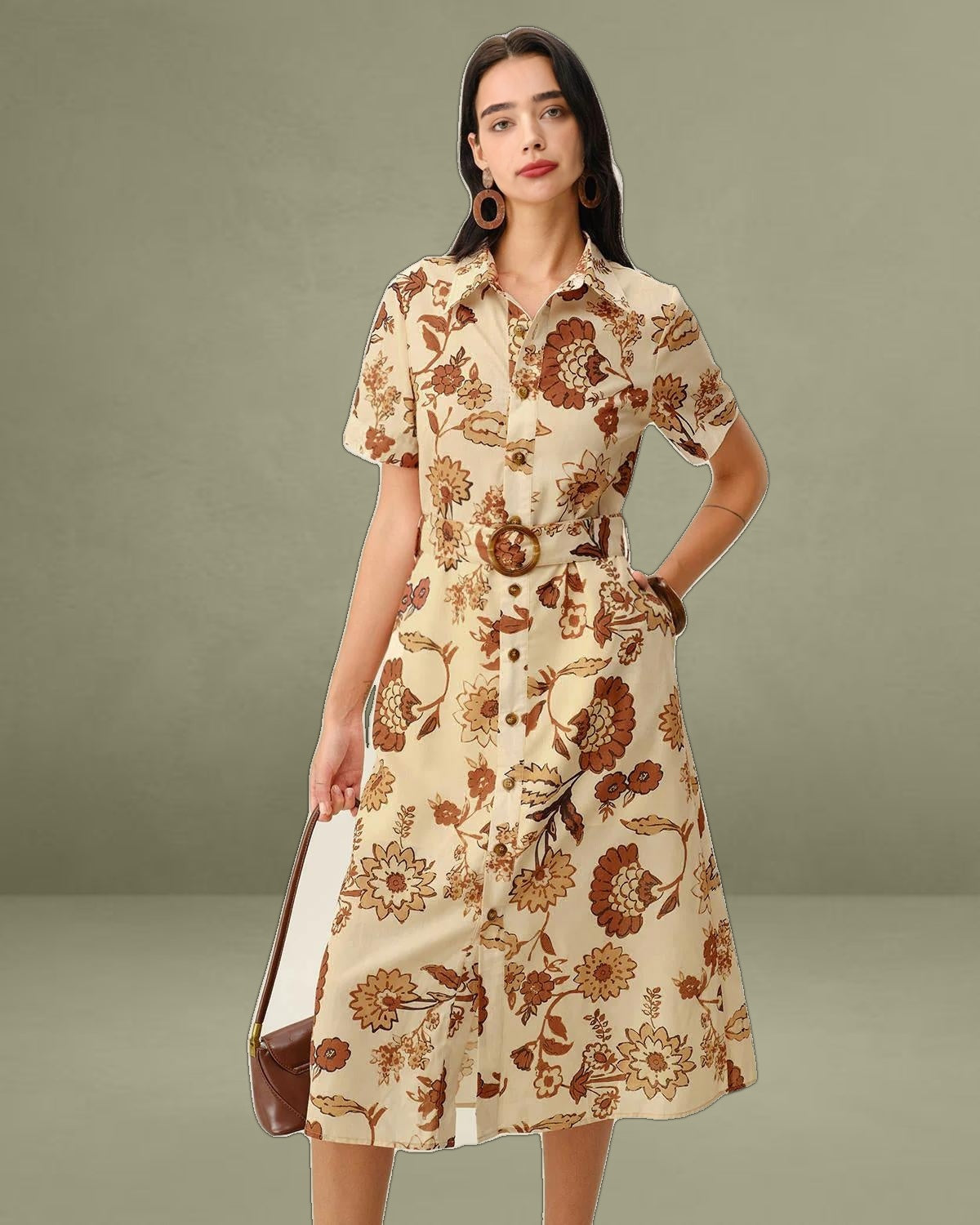 Brown Floral Belted Midi Dress