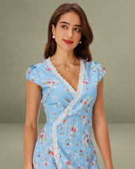 Blue Floral A-Line Wrap Mini Dress
