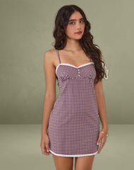 Delphine Mini Cami Dress in Mini Gingham Wine with White Lace