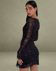 Sevila Long Sleeve Mini Dress in Black Queen of Heart Flock