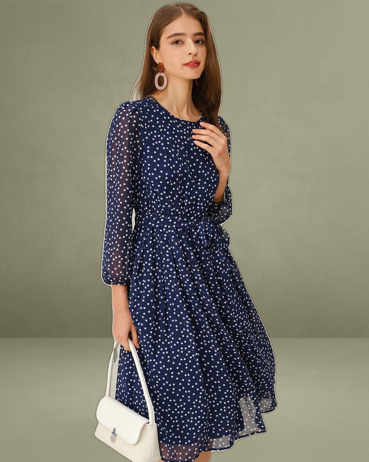 Blue Polka Dot A-Line Midi Dress
