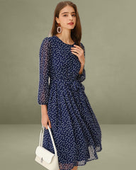 Blue Polka Dot A-Line Midi Dress