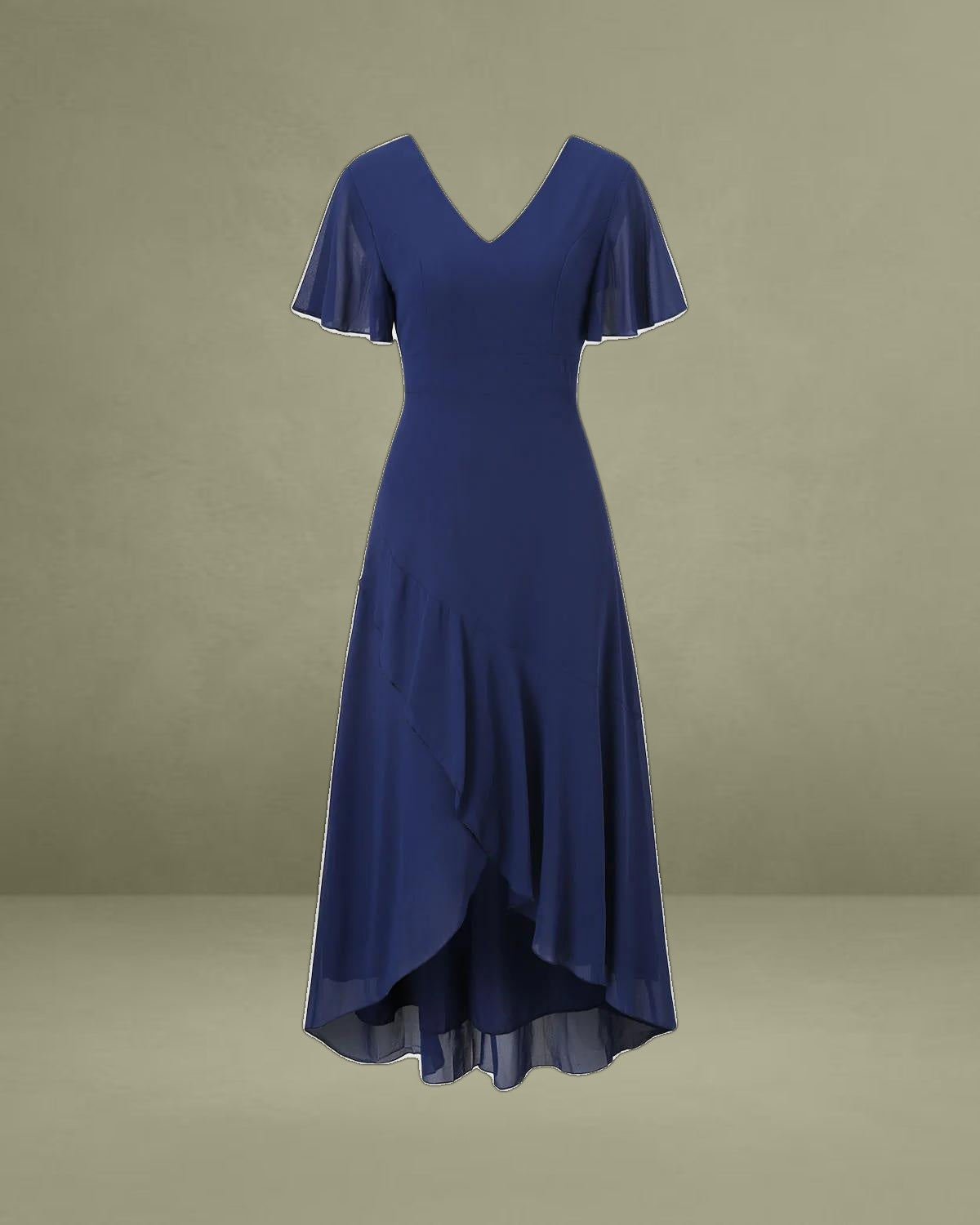 Navy V Neck A-Line Ruffle Maxi Dress