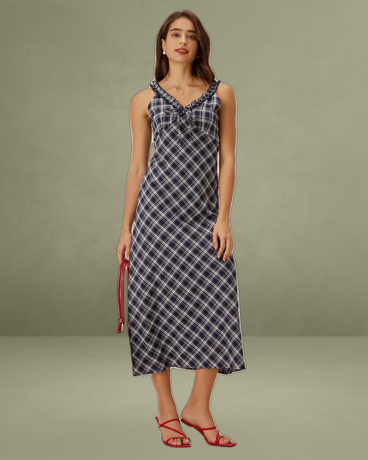 Blue Plaid V Neck Slip Maxi Dress