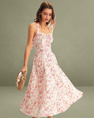 Pink Floral Halter Midi Dress