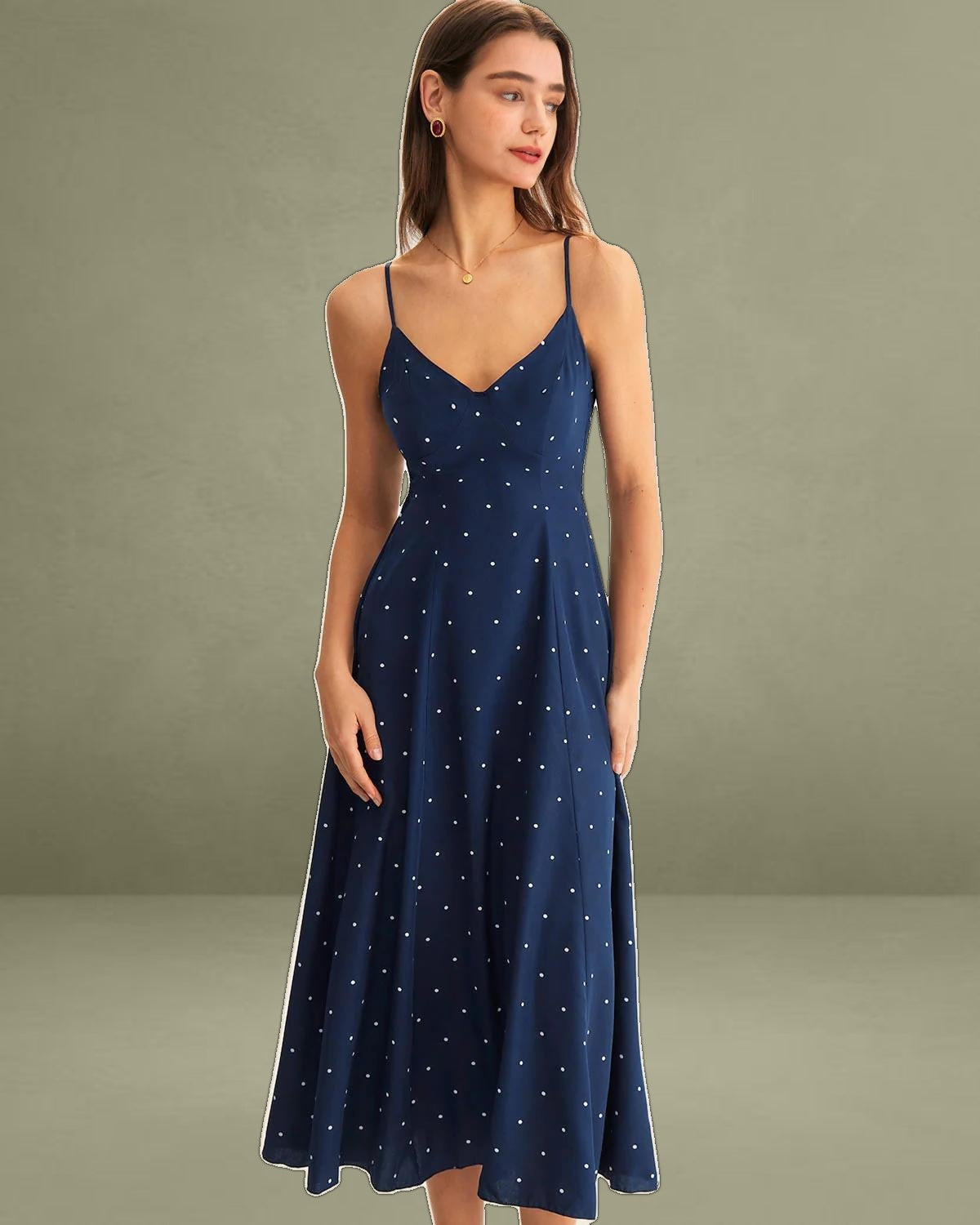 Navy Polka Dot Shirred Slip Midi Dress