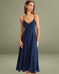 Navy Polka Dot Shirred Slip Midi Dress