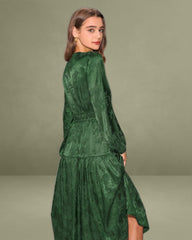 Green Jacquard Lantern Sleeve Midi Dress