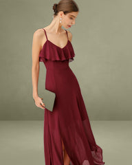 Wine Red Chiffon Ruffle Slip Maxi Dress